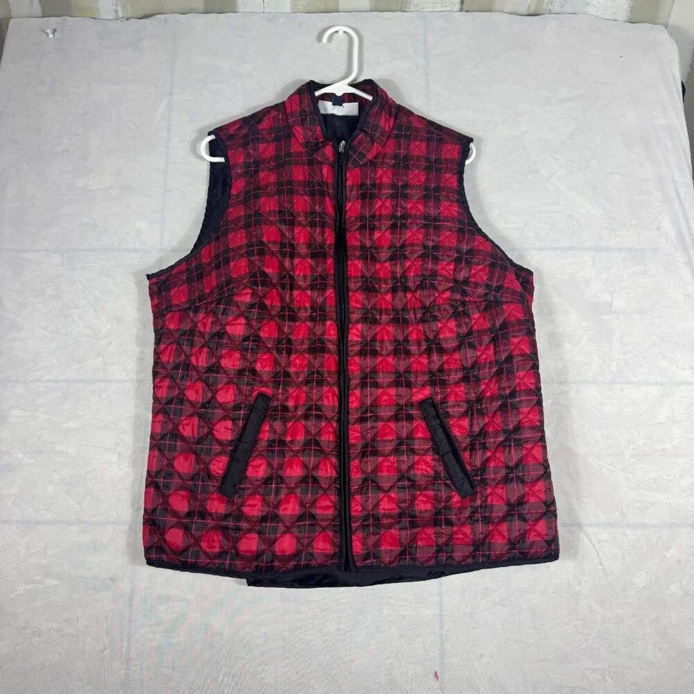 Karen Scott Sport‎ Quilted Puffer Vest Womens Red Black Buffalo Plaid Size 2X